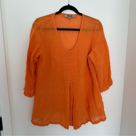 FLAX Woodstock Flowy Linen Blouse Orange V Neck Size Small Women’s 3/4 Sleeves - Picture 2 of 9